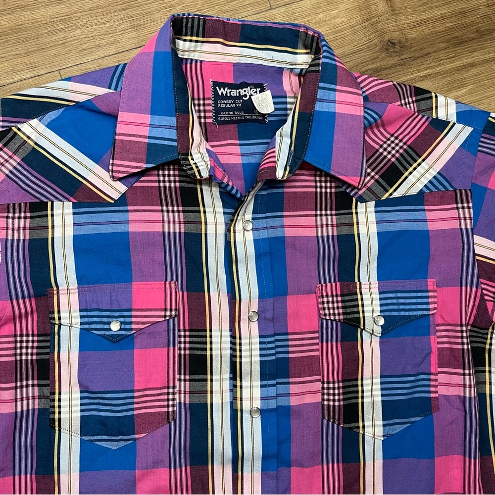 VTG 80s 90s Wrangler Cowboy Cut Pearl Snap  X-Long Tails Button-Up Shirt Size 16